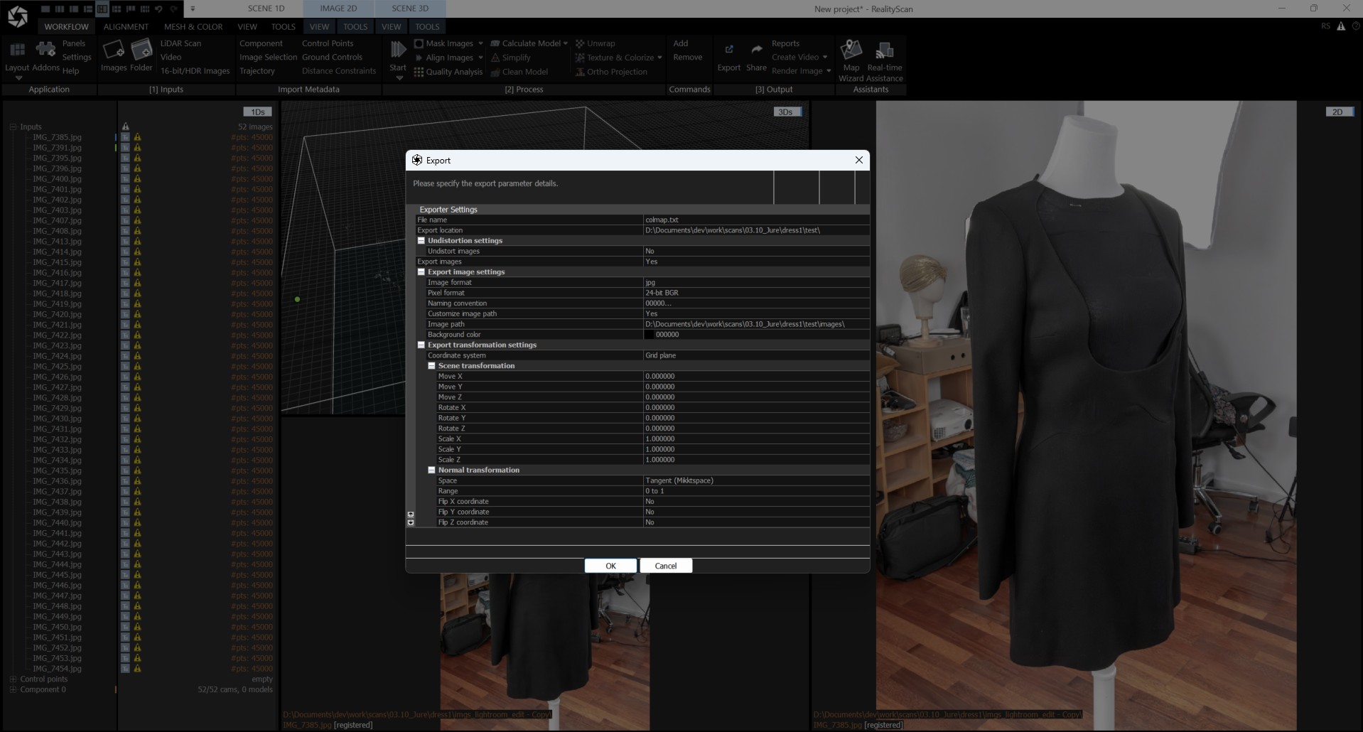 RealityScan image export settings